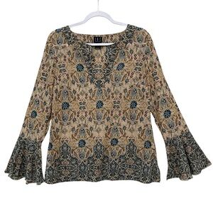 INC Boho Bell Flare Sleeves Blouse 100% Cotton Ruffle Floral Bohemian Size 8